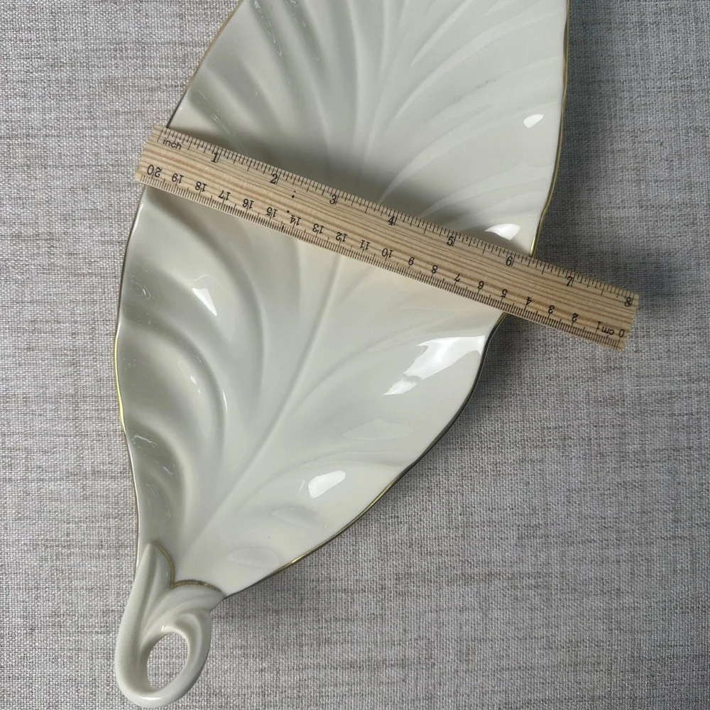 Vintage Lenox Ivory Porcelain Leaf Serving Tray Gold Trim Made in USA